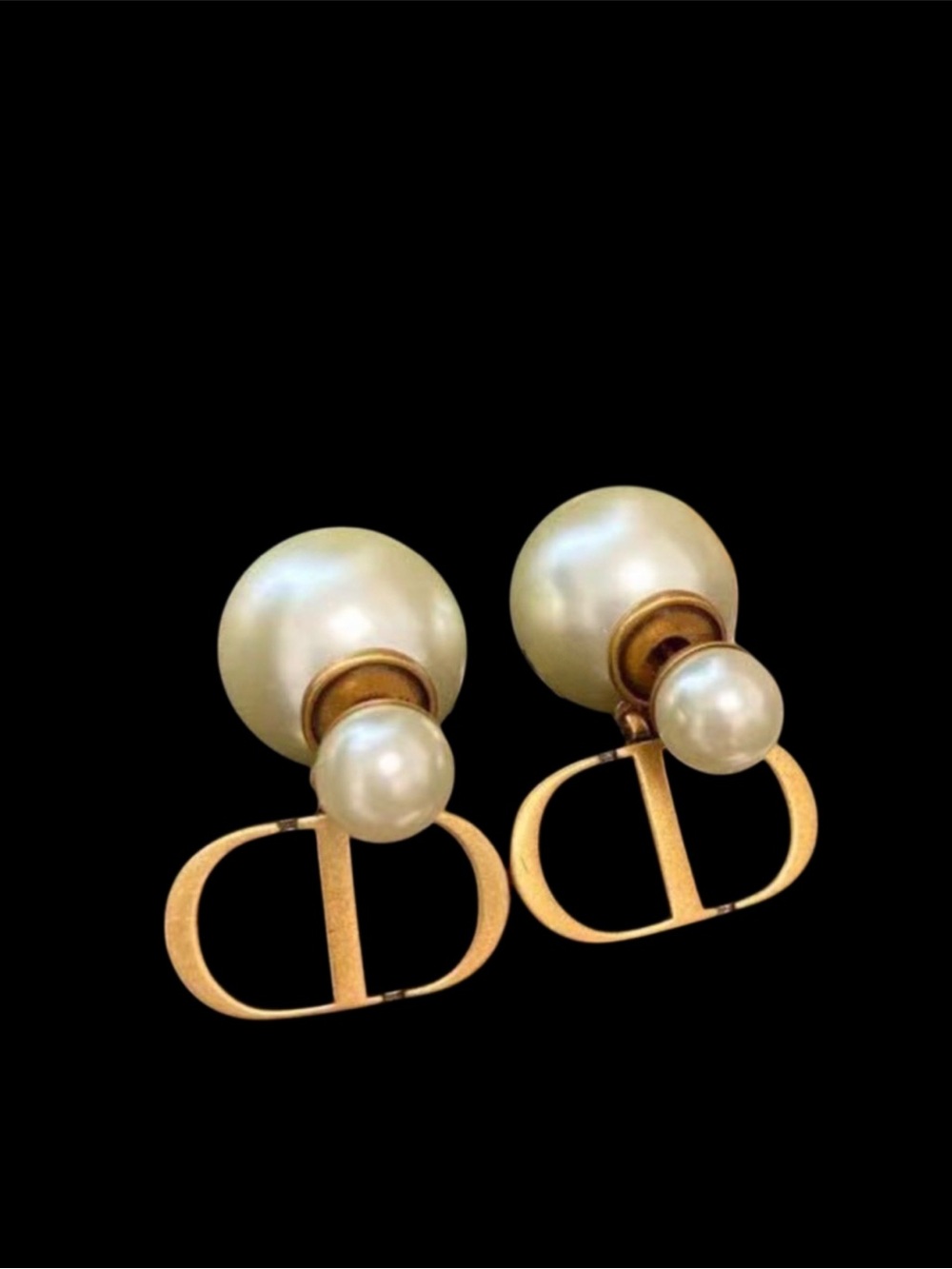 Pearl Designer Inspired Earrings Gold Tone Double Pearl Studs